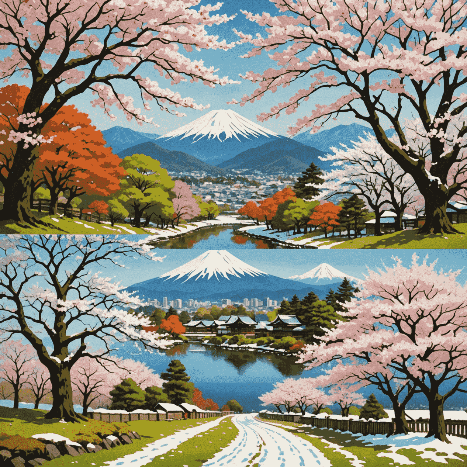 日本の四季を表現した風景画像。桜、紅葉、雪景色、新緑のコラージュ。