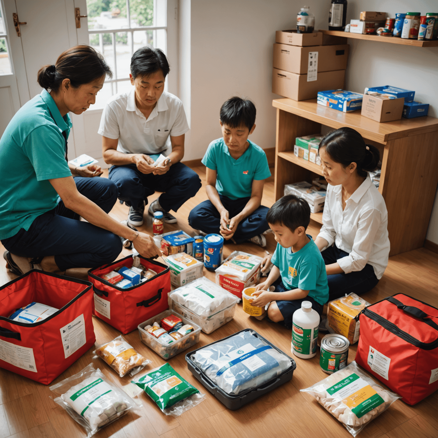 台風の接近に備えて避難キットを準備する家族の様子。緊急用品や非常食が整然と並べられている。