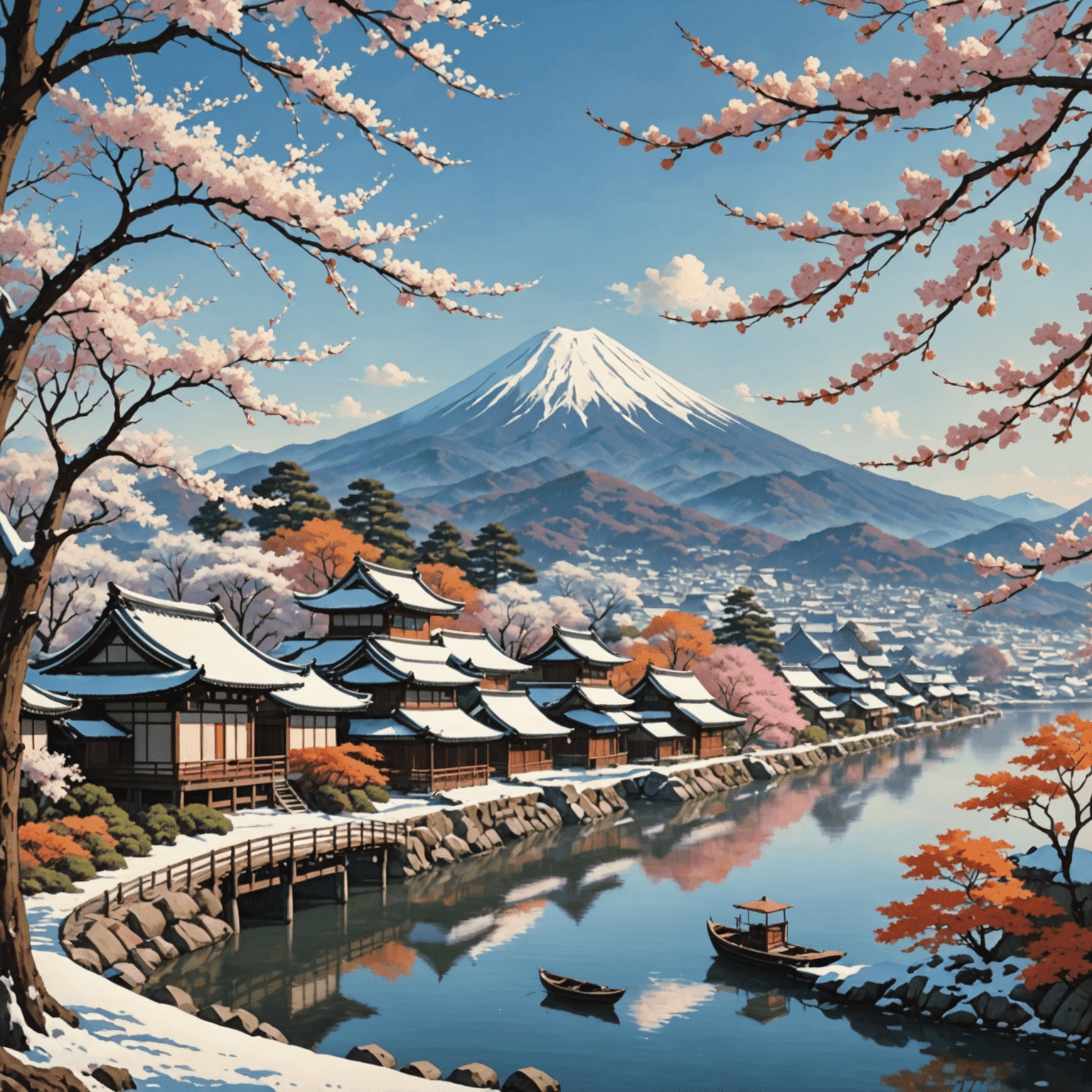 日本の四季を表す風景：桜、紅葉、雪景色、夏の海