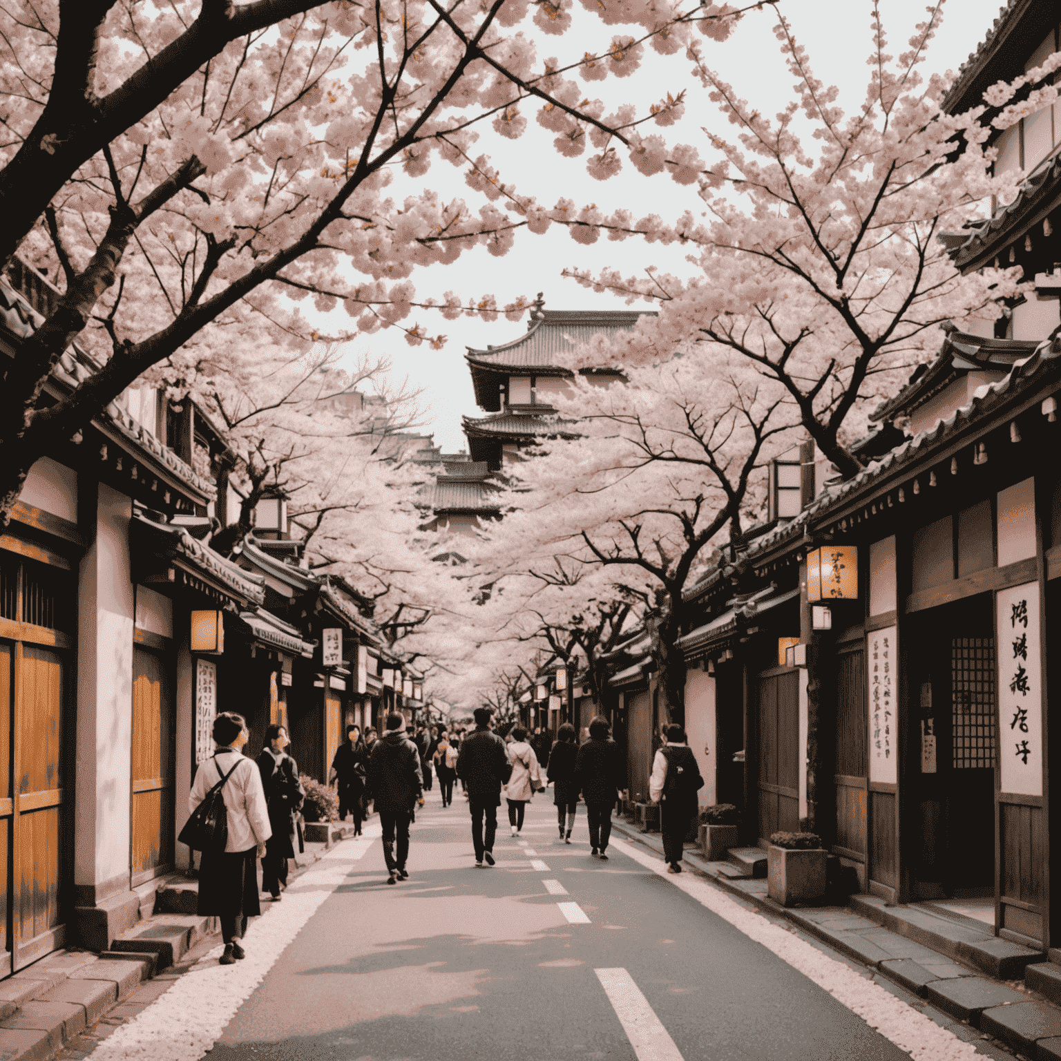 日本の桜並木。淡いピンクの花びらが枝いっぱいに咲き誇り、その下を歩く人々の姿が見える。背景には伝統的な日本建築が見える。