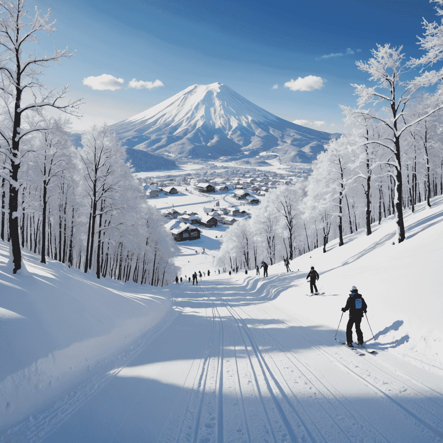 ニセコの雪景色。広大な白銀の世界が広がり、スキーヤーやスノーボーダーが楽しむ様子。