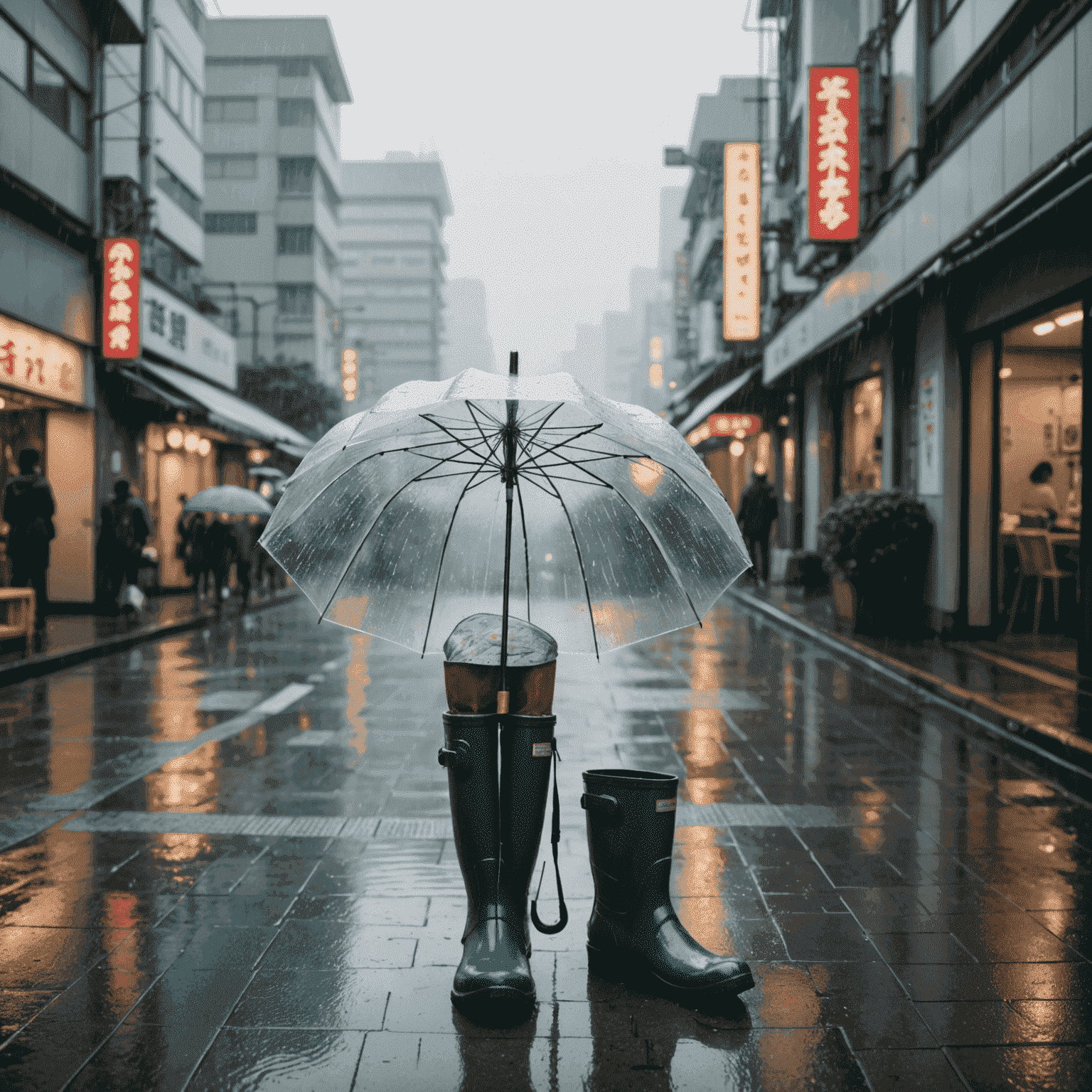 雨に濡れた傘と雨靴、背景には霧がかかった日本の街並み