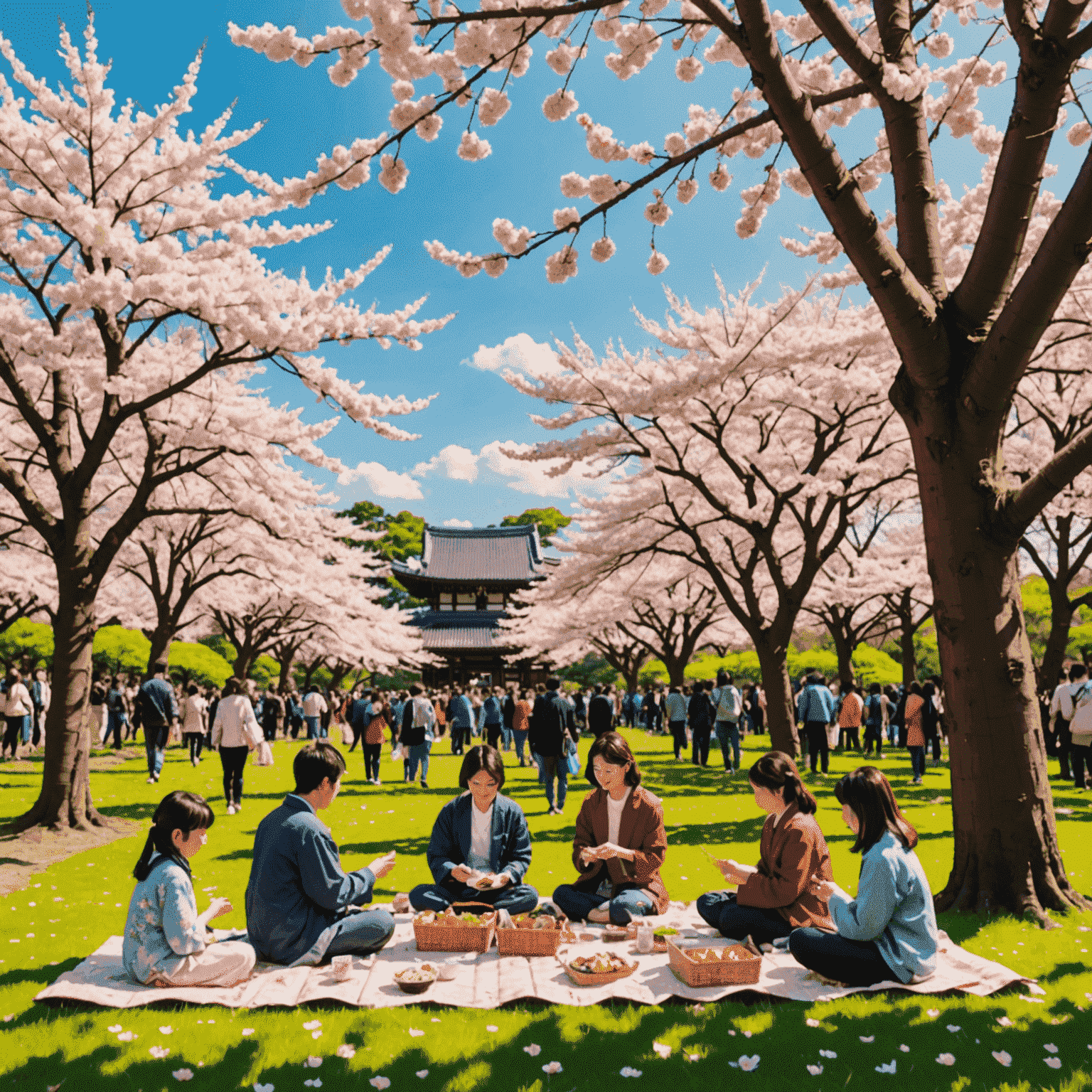 満開の桜の木の下で、花見を楽しむ人々。ピクニックシートや弁当箱が見える。