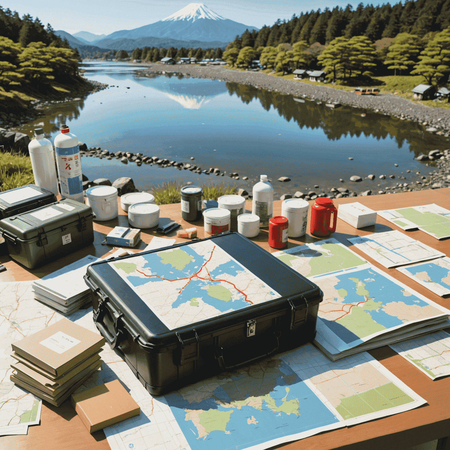 整然と並べられた防災グッズと避難マップ。背景には穏やかな日本の風景。
