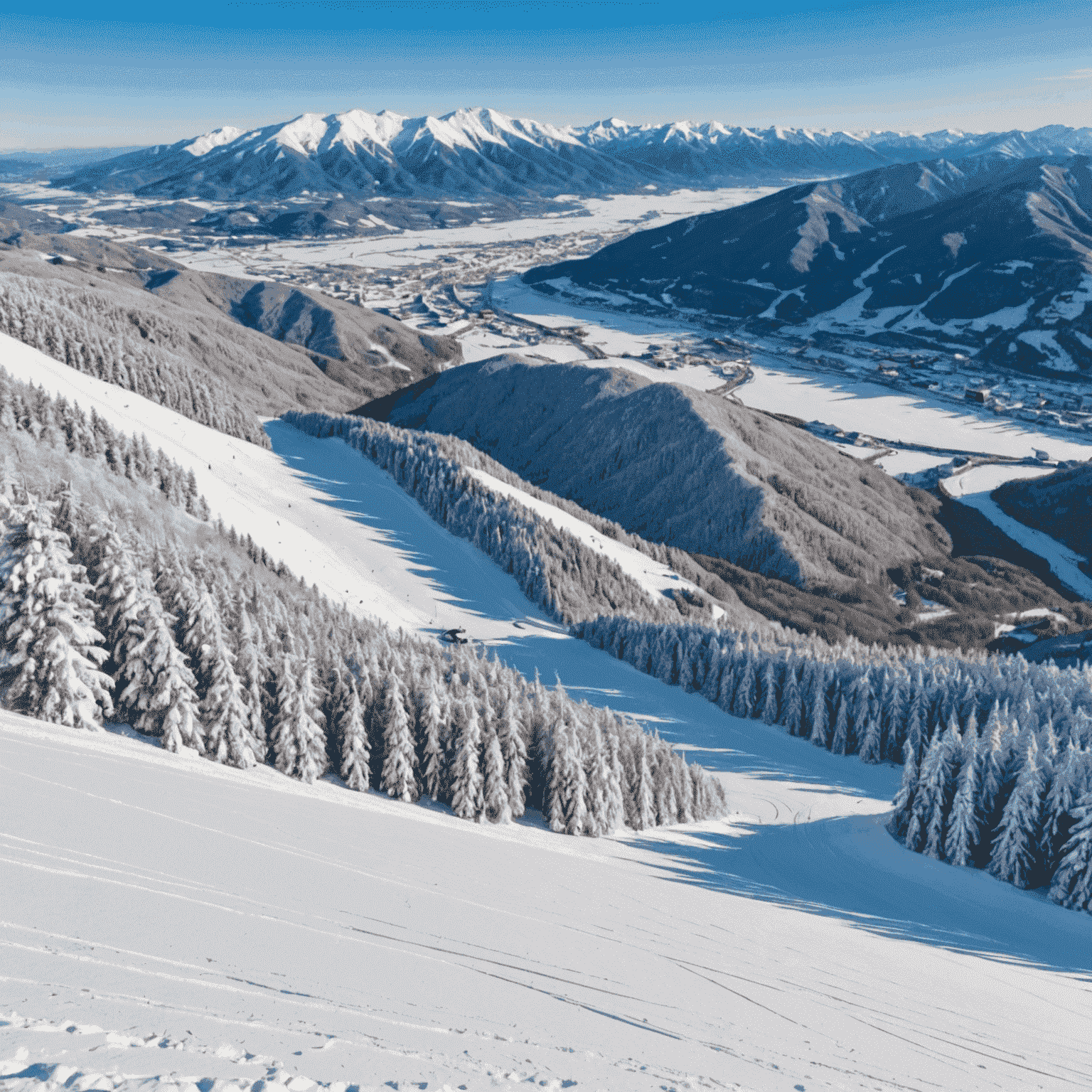 富良野スキー場の全景。雪に覆われた美しい山々と、整備された多彩なコース。