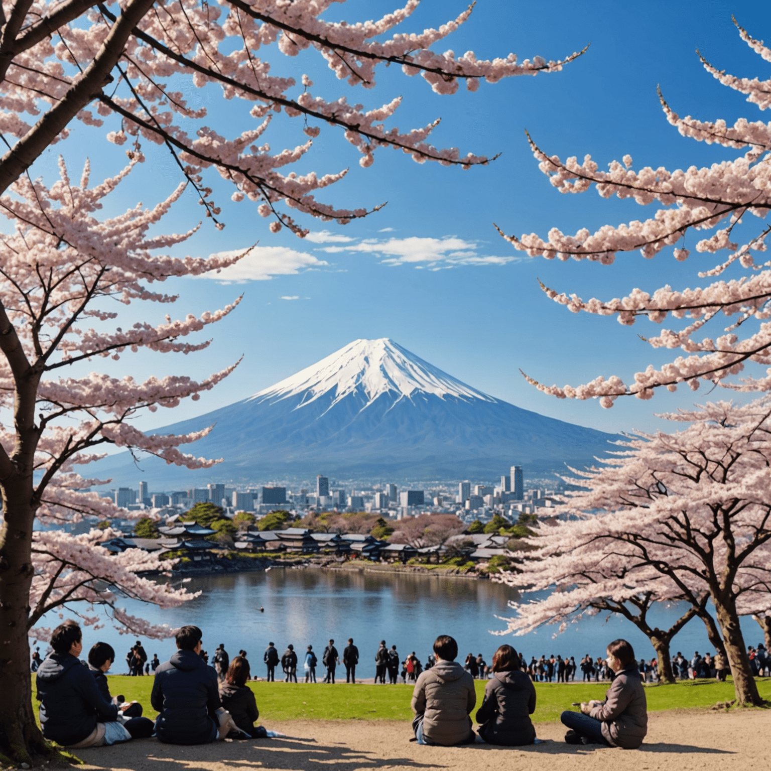 満開の桜の木と花見を楽しむ人々。背景に富士山が見える。