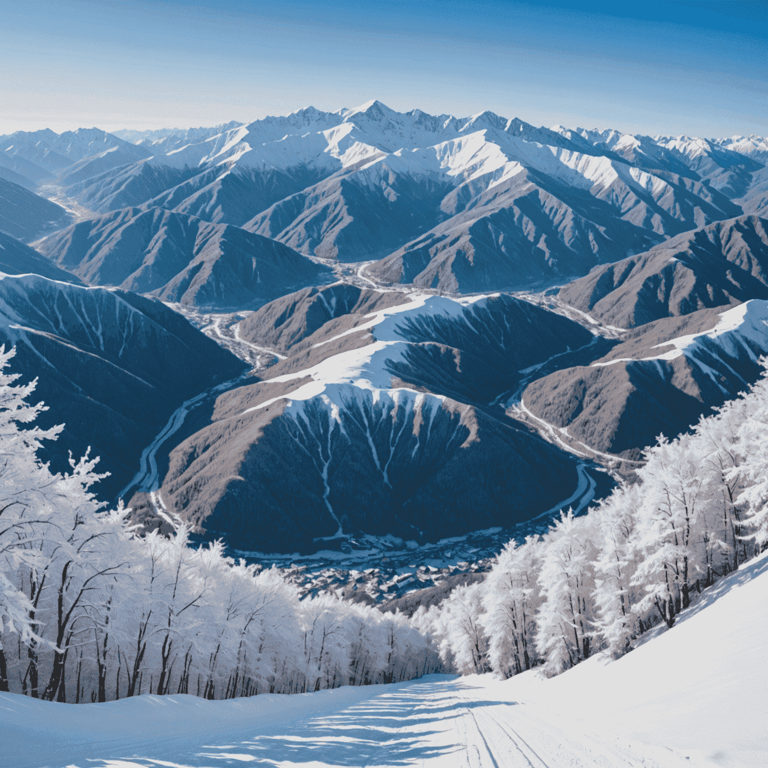 白馬の雄大な山々と広大なスキー場。新雪に覆われた樹氷の美しい風景。