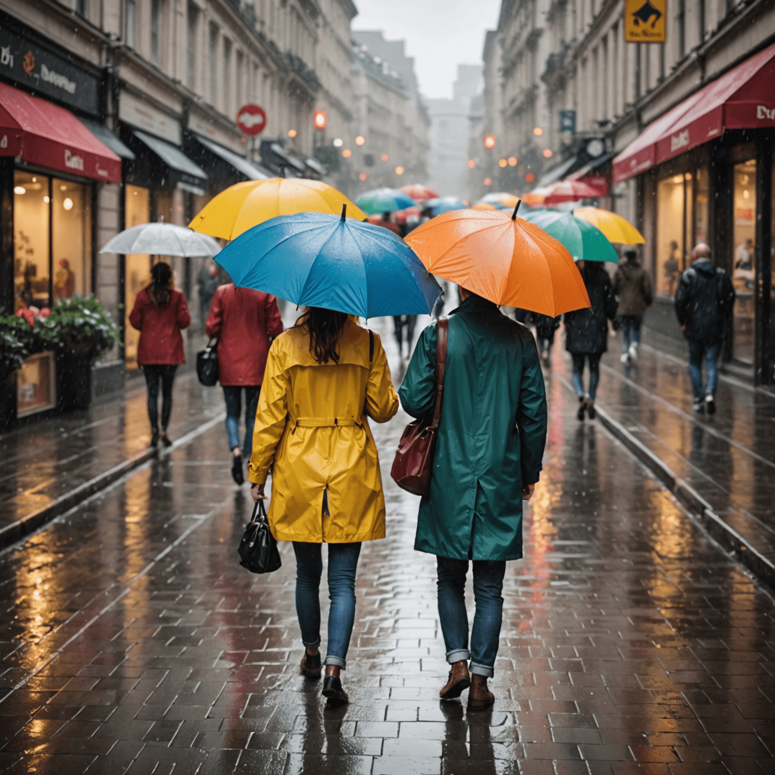 雨の中を歩く人々。カラフルな傘と雨具を身につけている。
